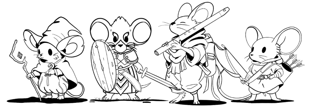 Brambletrek solo TTRPG characters; four mice with various items including a staff, sword and shield, flute, and bow and arrow set.