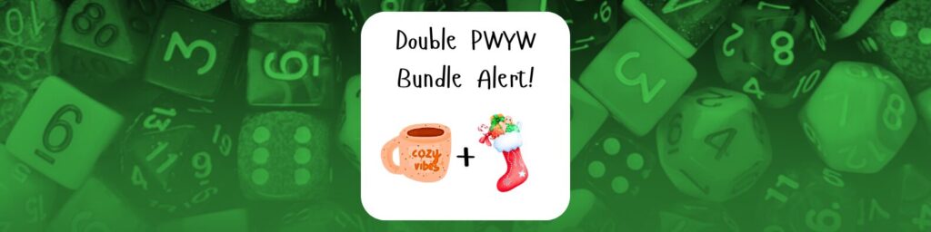 Double PWYW Bundle Alert! Coffee mug that says "cozy vibes" and a stocking full of toys