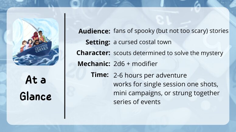 Cryptid Creeks at a glance

audience: fans of spooky (but not too scary) stories
setting: a cursed costal town
character: scouts determined to solve the mystery
mechanic: 2d6 + mod
time: 2-6 hours per adventure
works for single session one shots, mini campaigns, or strung together series of events