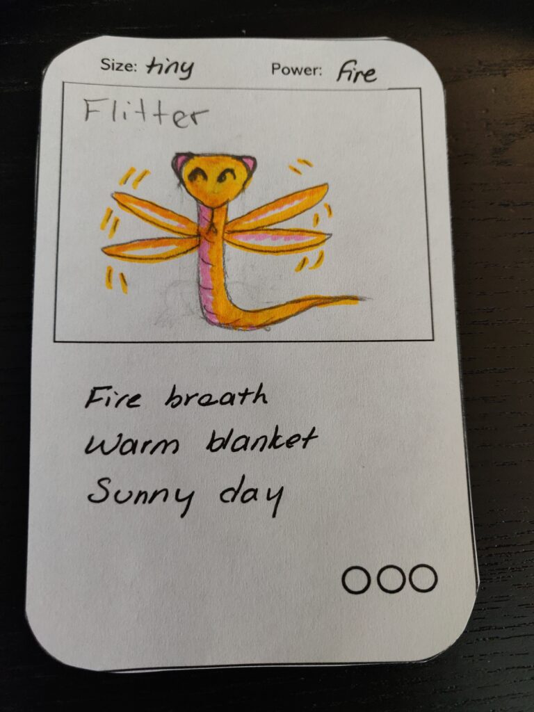 Flitter the fire fairy snake, one of the guardians that we made