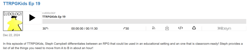 Screenshot of the TTRPGkids Ep 19 recording with play button and interface and the Ludology logo