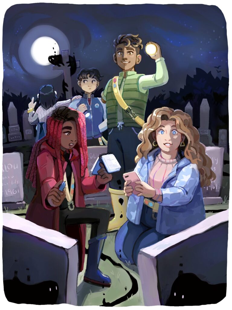 The characters for the cryptid creeks crew - showing 5 teens investigating a mystery in a graveyard
