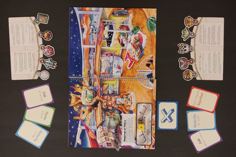 The BFF! game layout showing an open book, character trackers with charm bracelet icones and cards for shenanigans