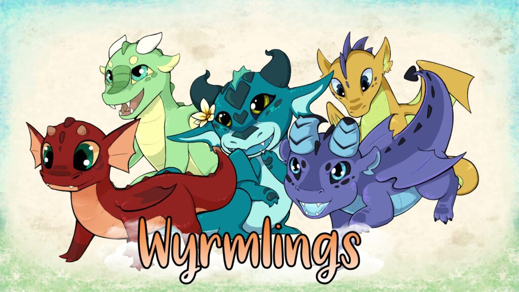 Wyrmlings cover image showing five young dragons of various colors and poses surrounding the game's name