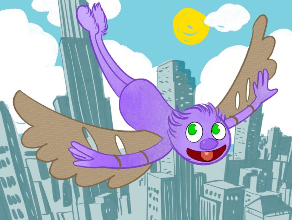 an art piece of a purple puppet pal with cardboard wings flying over a city