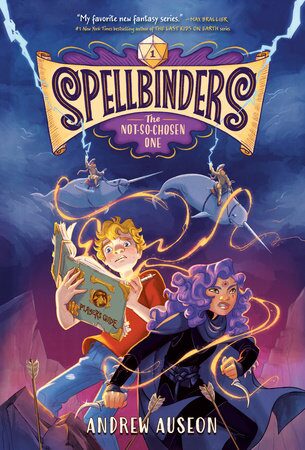 Cover of Spellbinder book 1 showing the main character holding a book, a purple haired assassin defending him, and two warriors riding narwhals that fly above and shoot lightning