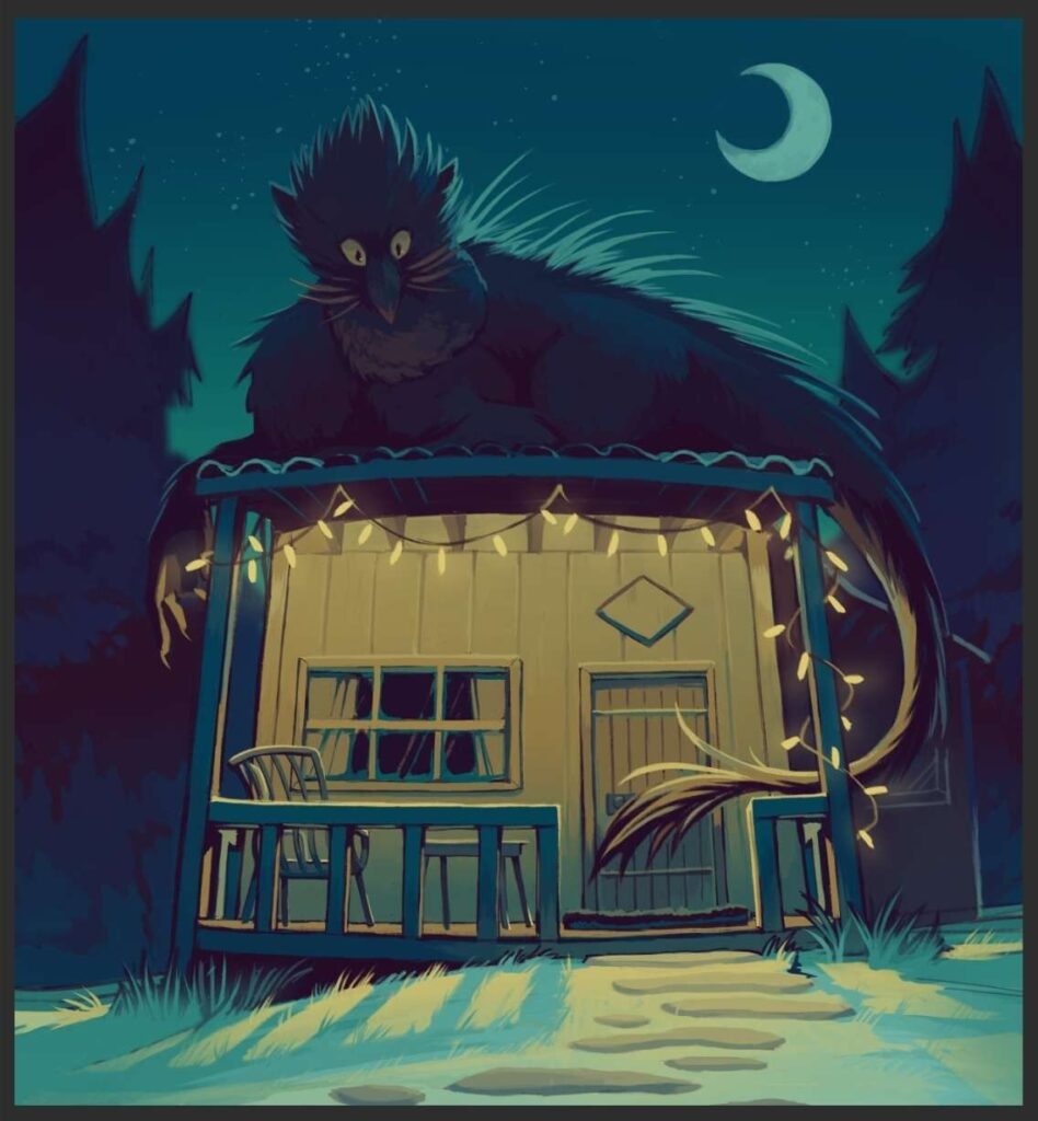 A clubhouse with a large mysterious creature sitting on the roof