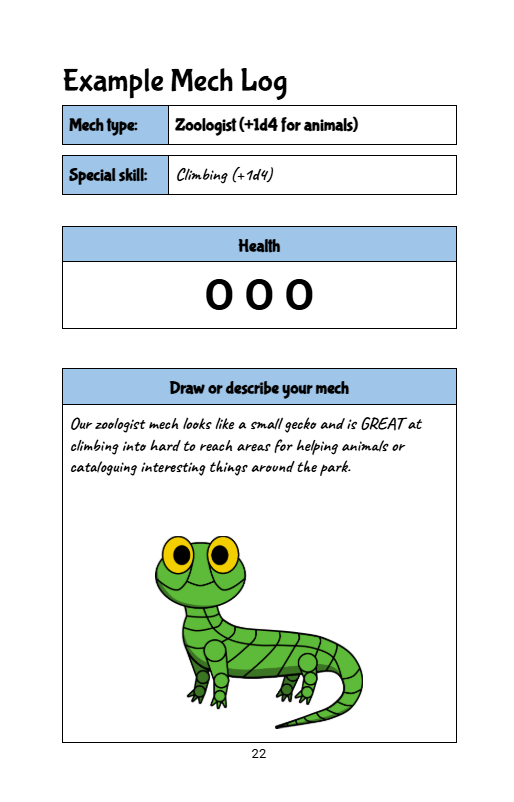 Example mech log of a gecko bot that helps with animals